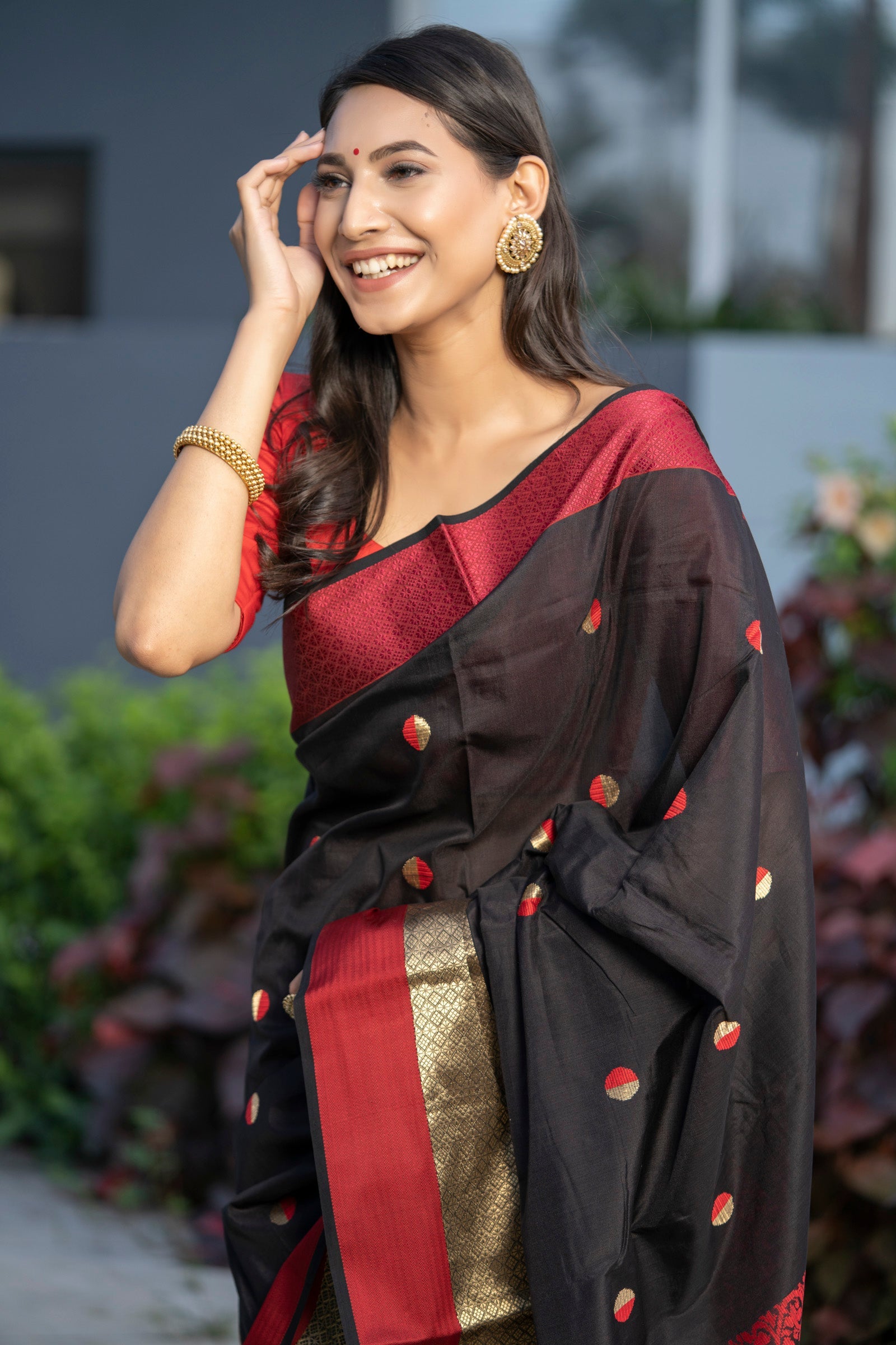 Pure Linen Intricate Black Red Saree,