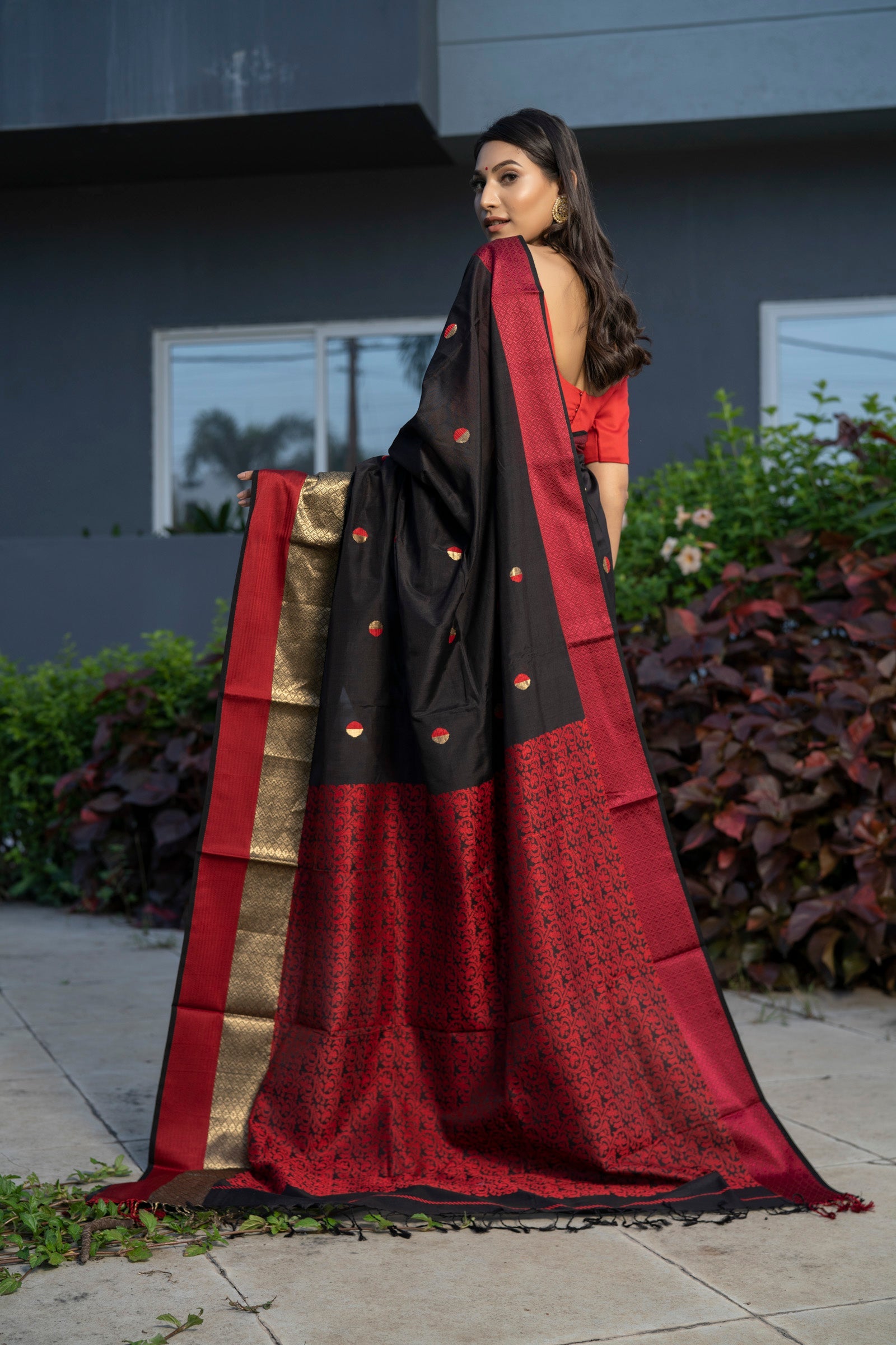 Pure Linen Intricate Black Red Saree,