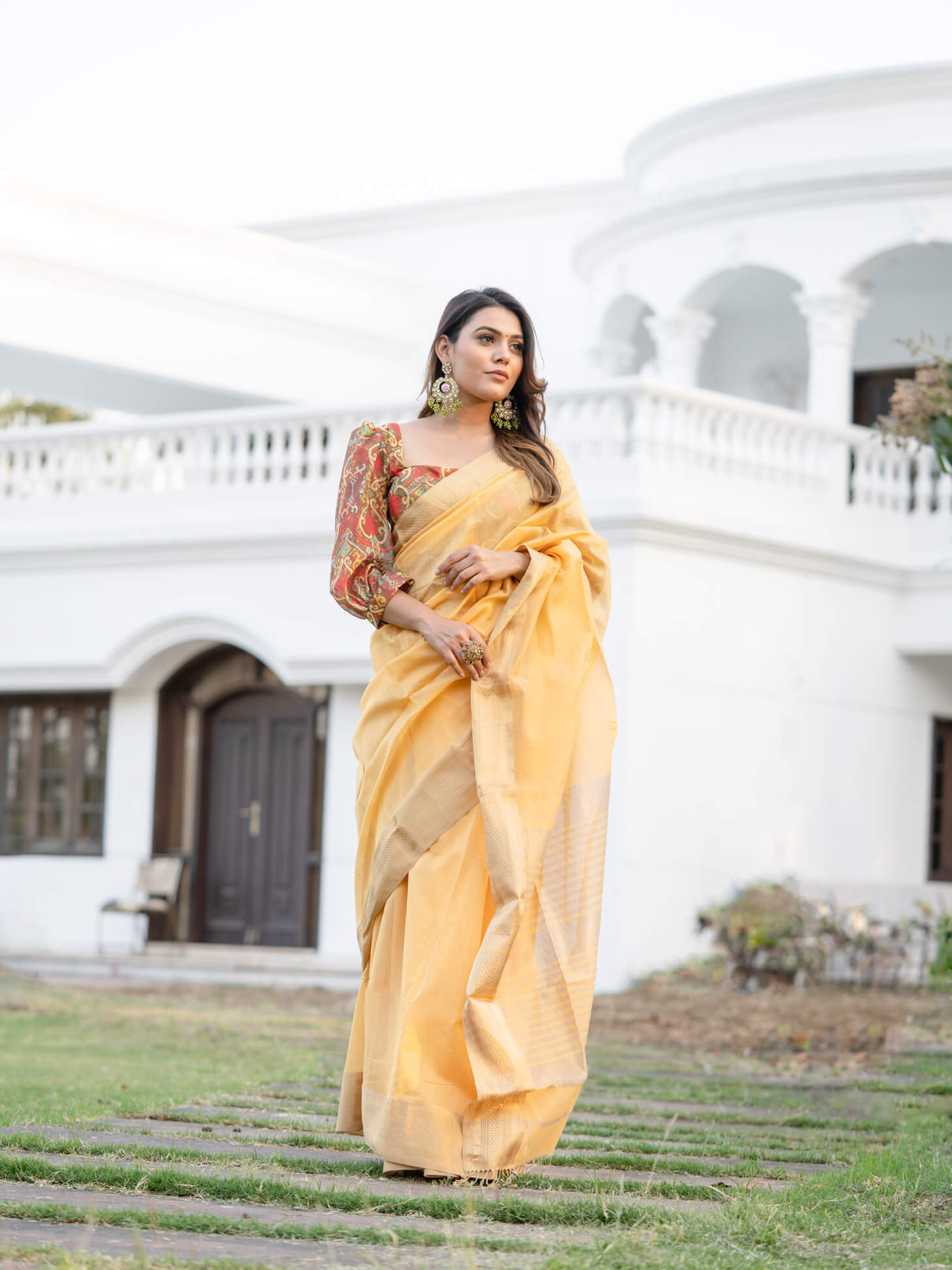 Yellow Color Plain Linen Saree With Casual wear