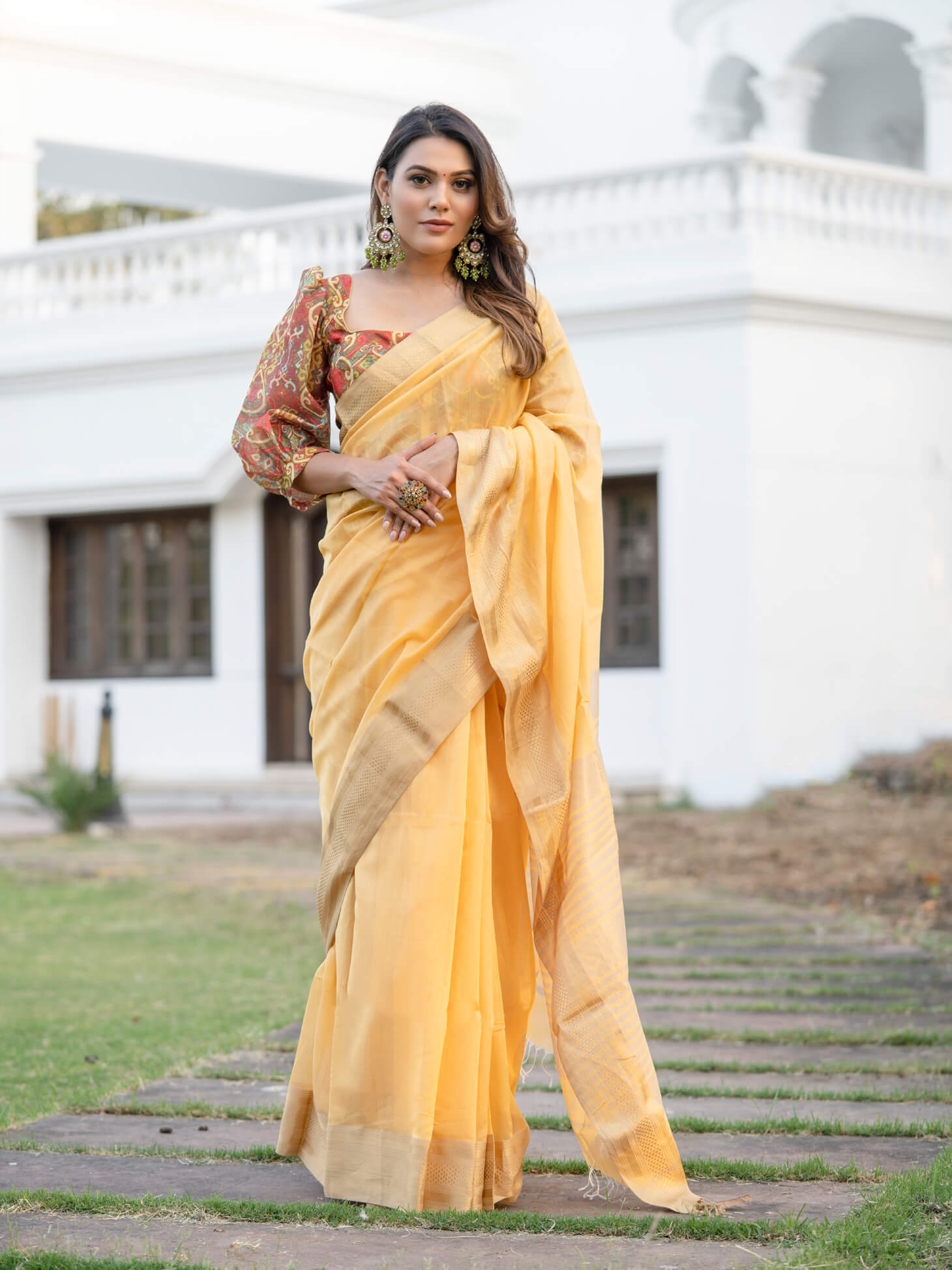 Yellow Color Plain Linen Saree With Casual wear