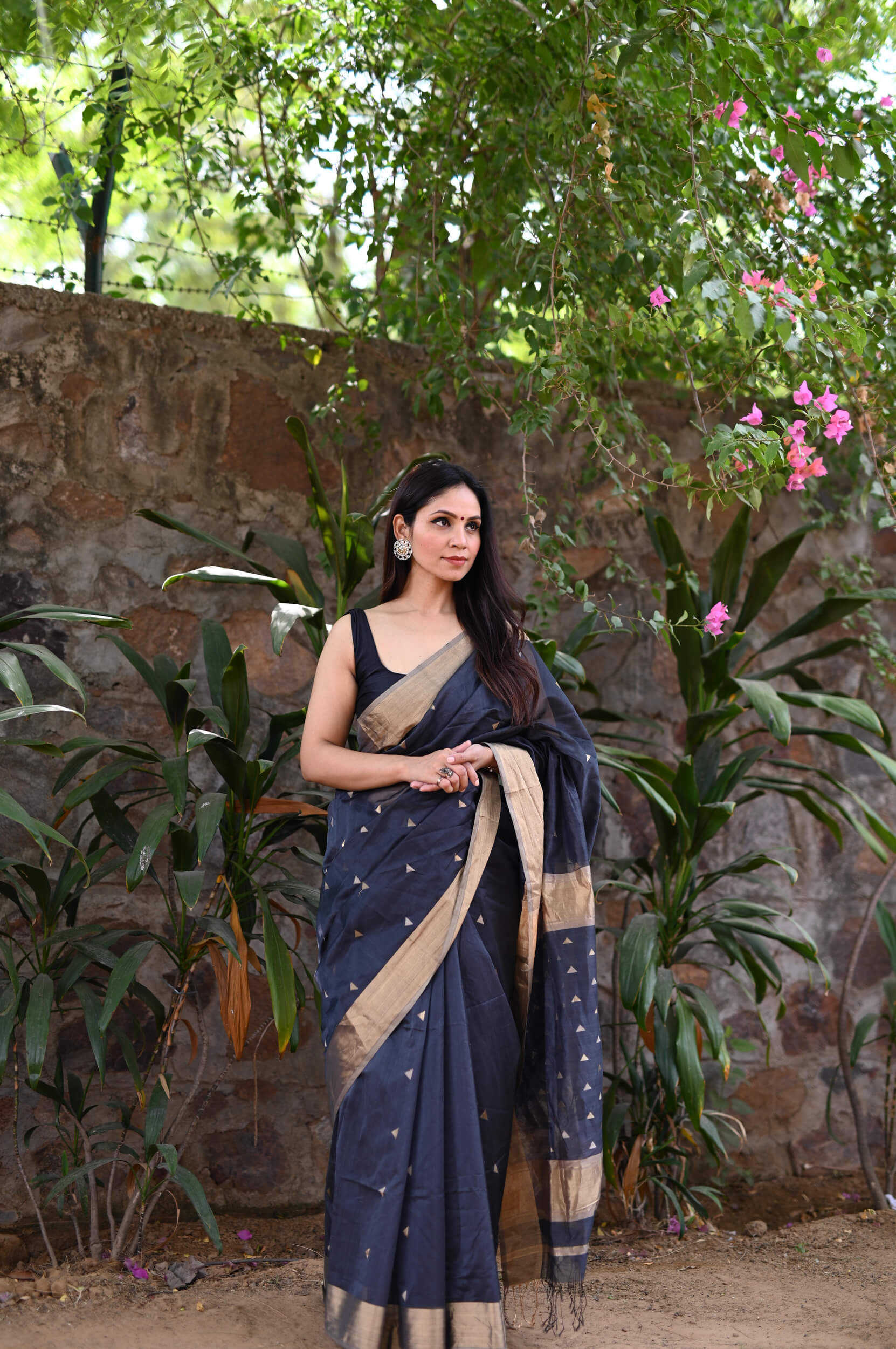 Gorgeous Night Blue Colored Pure Linen Printed Saree