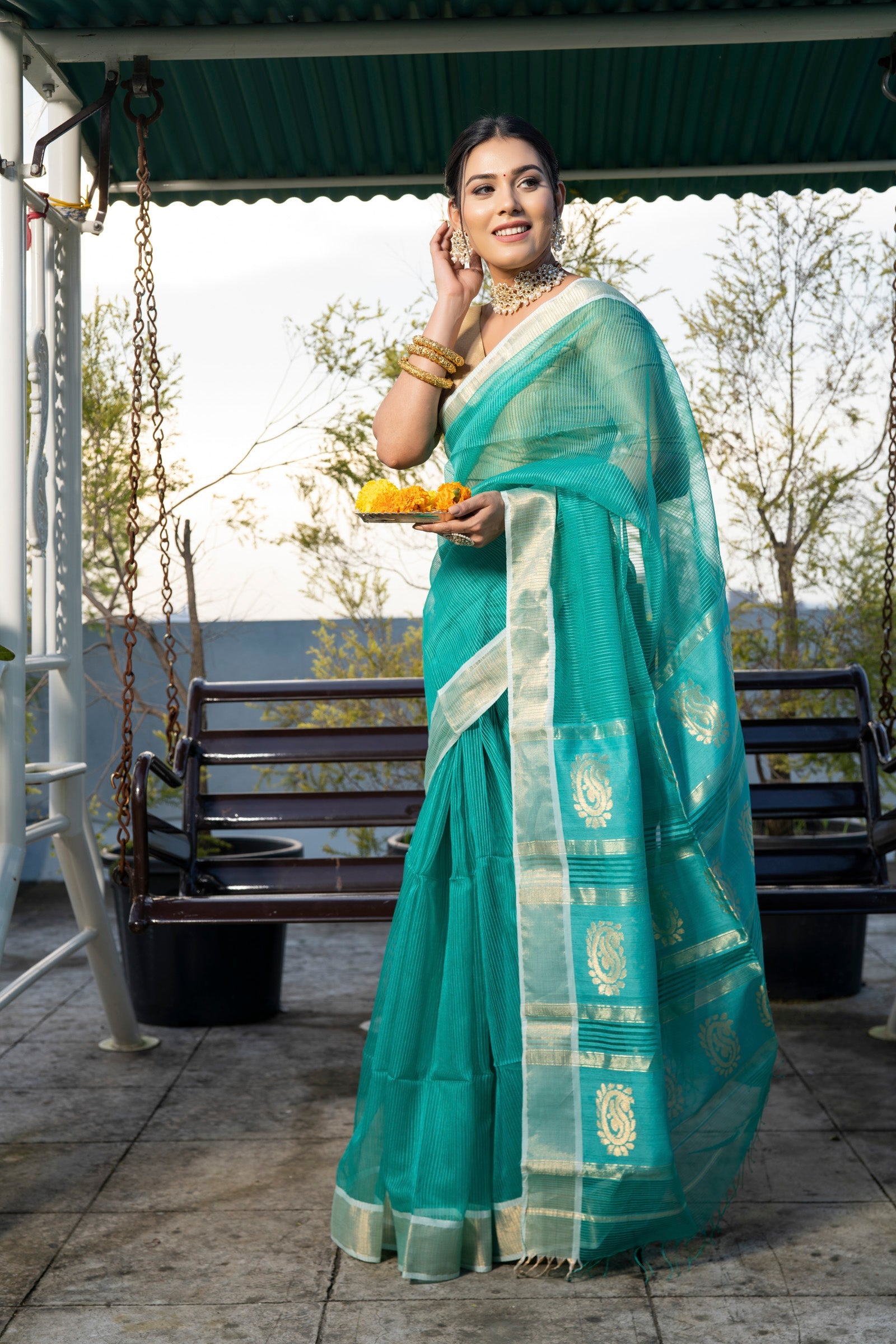 Impressive Rama Colored With Gold Border Partywear Printed Pure Linen saree