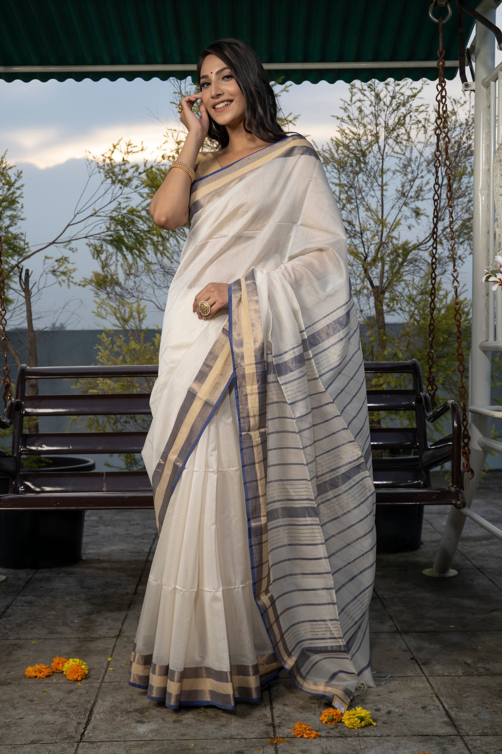 Excellent white Colored Pure Linen Saree