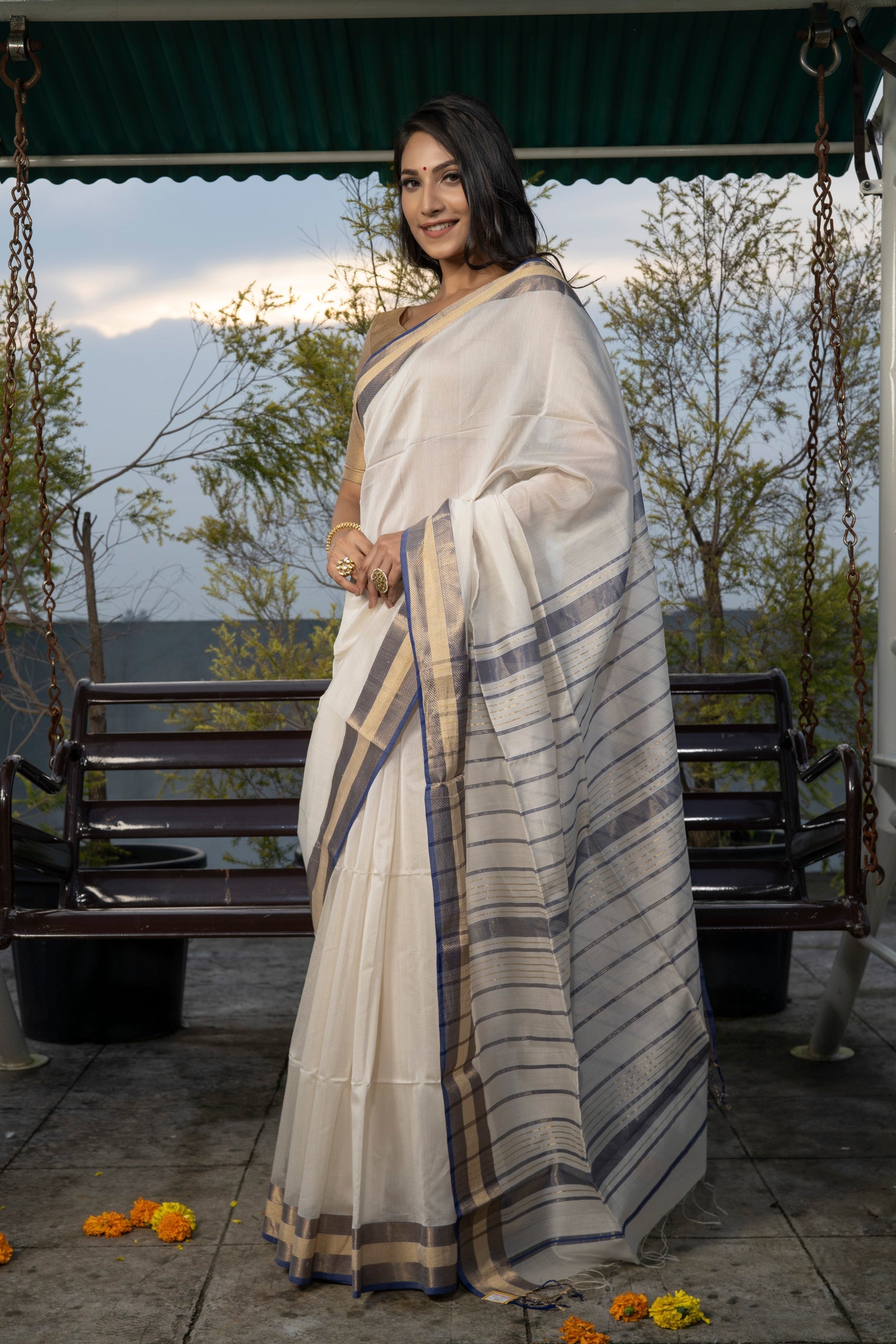 Excellent white Colored Pure Linen Saree