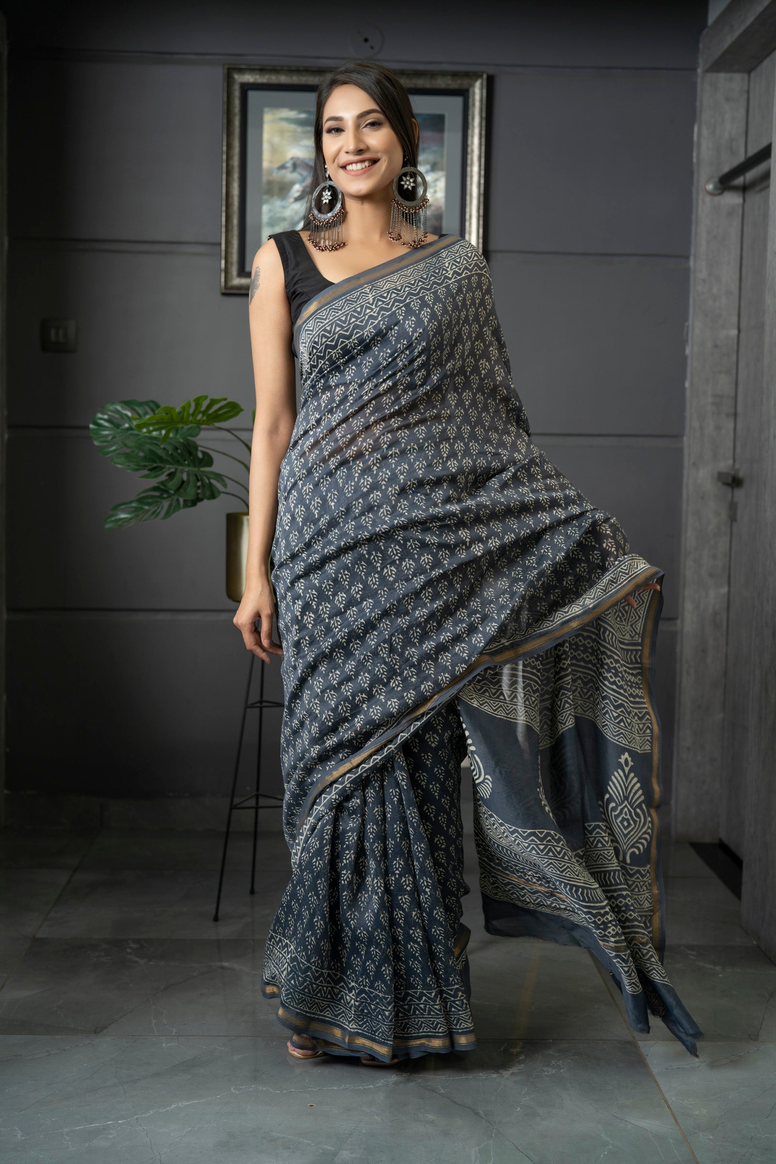 Grey Color Festive Wear Printed Pure Linen Saree