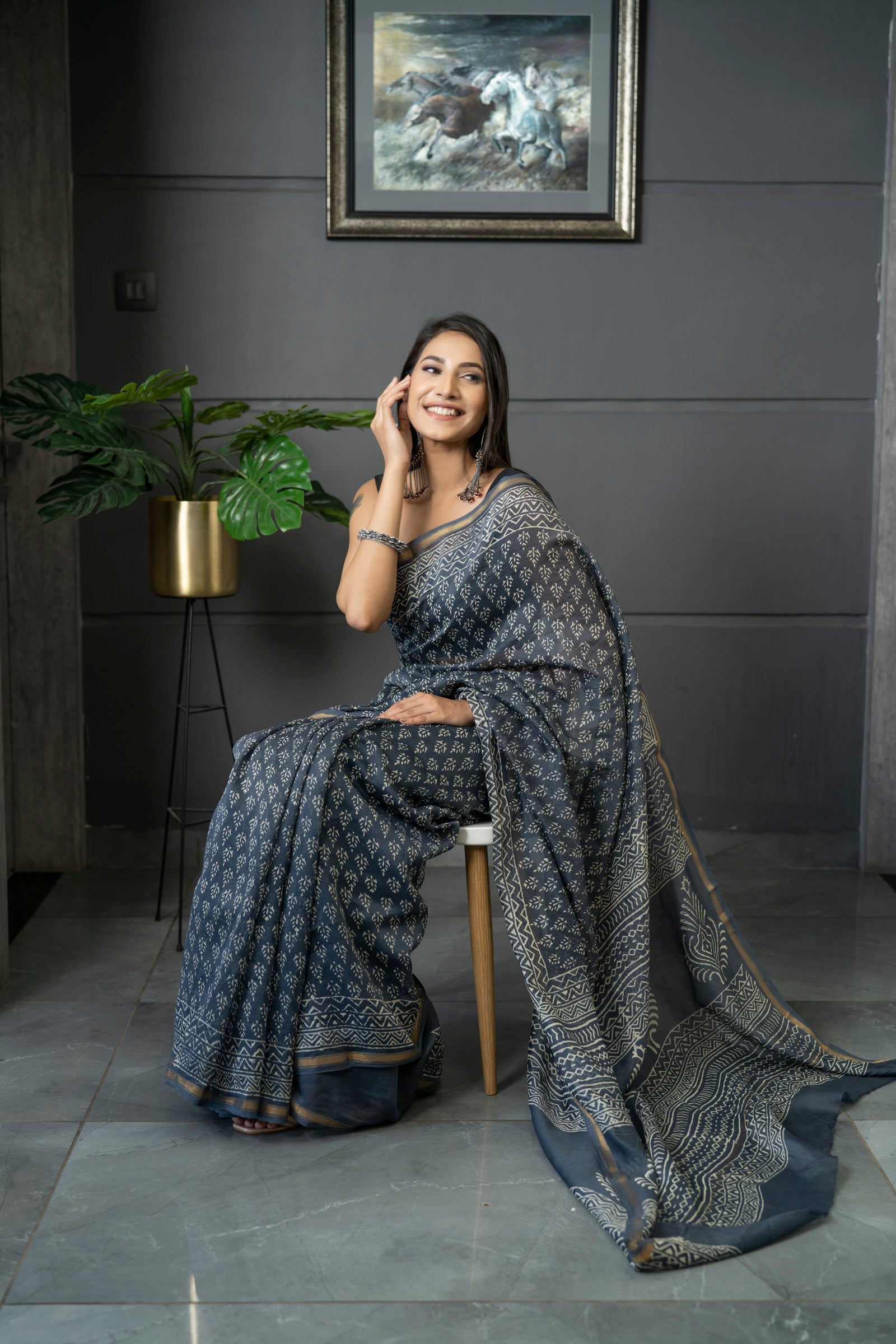 Grey Color Festive Wear Printed Pure Linen Saree