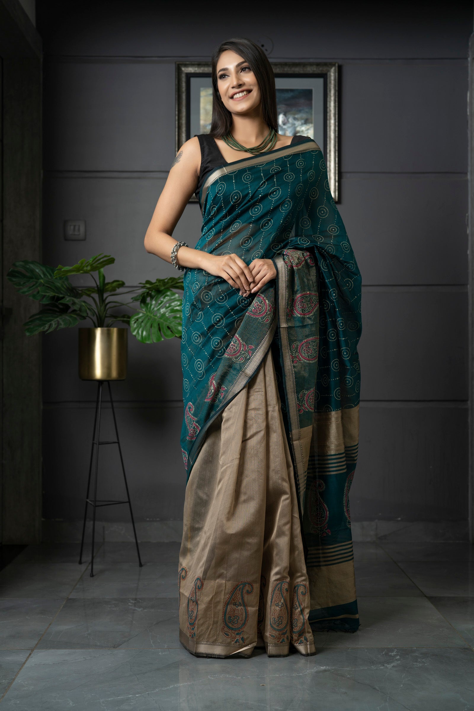 Adorable Green Colored Printed Linen Casual Wear