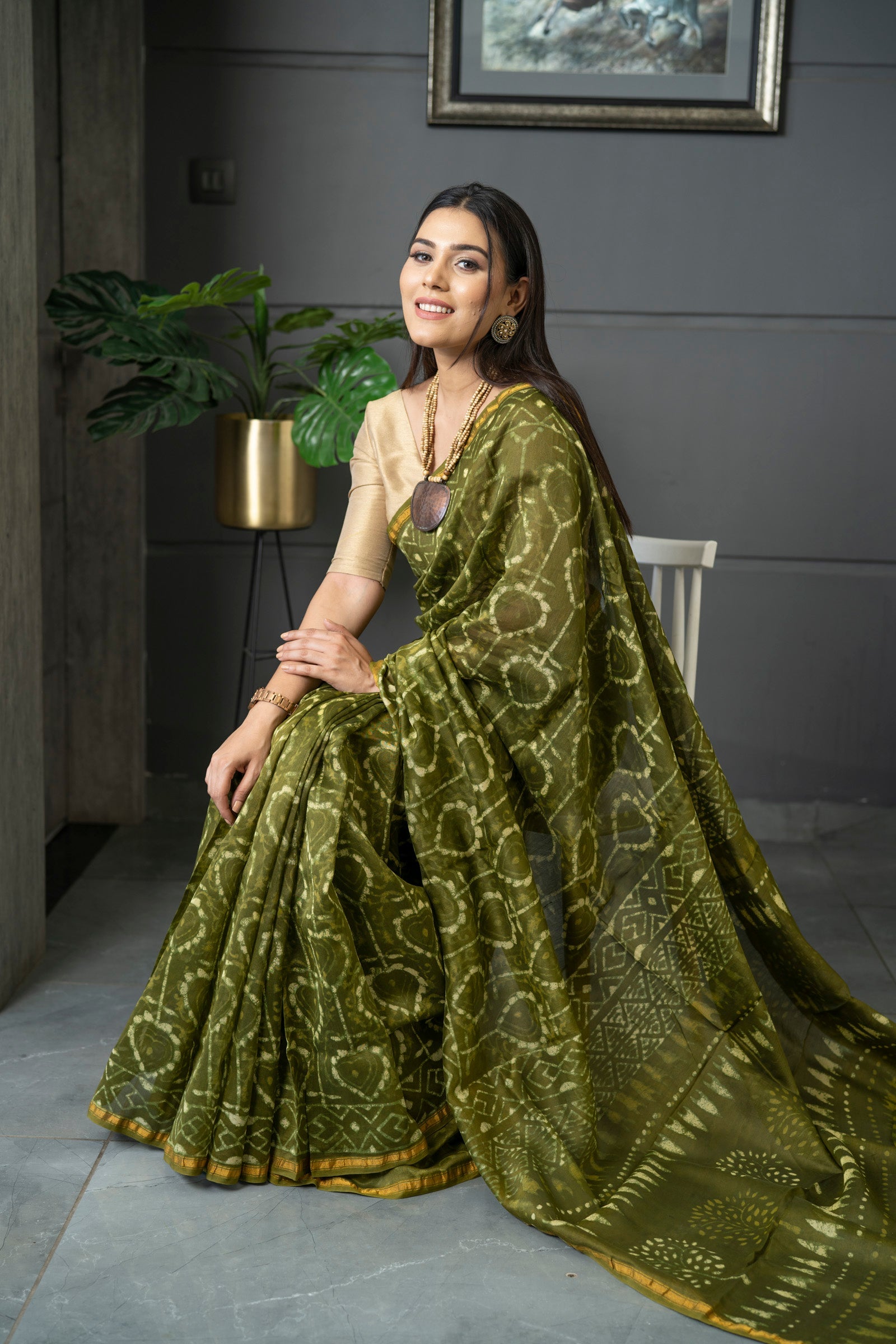 Linen Saree green Color, printed saree