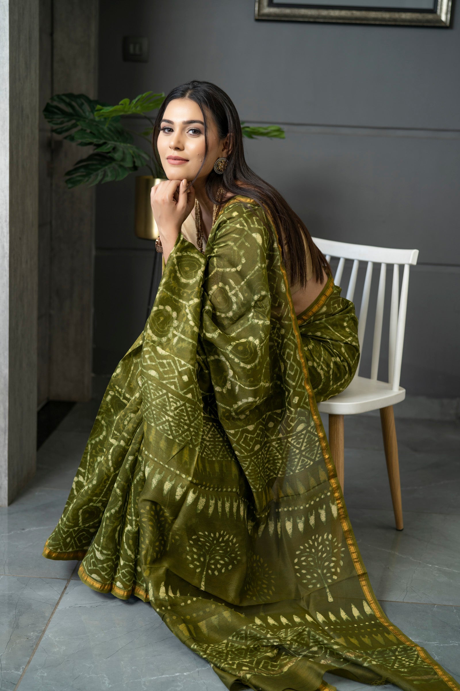 Linen Saree green Color, printed saree