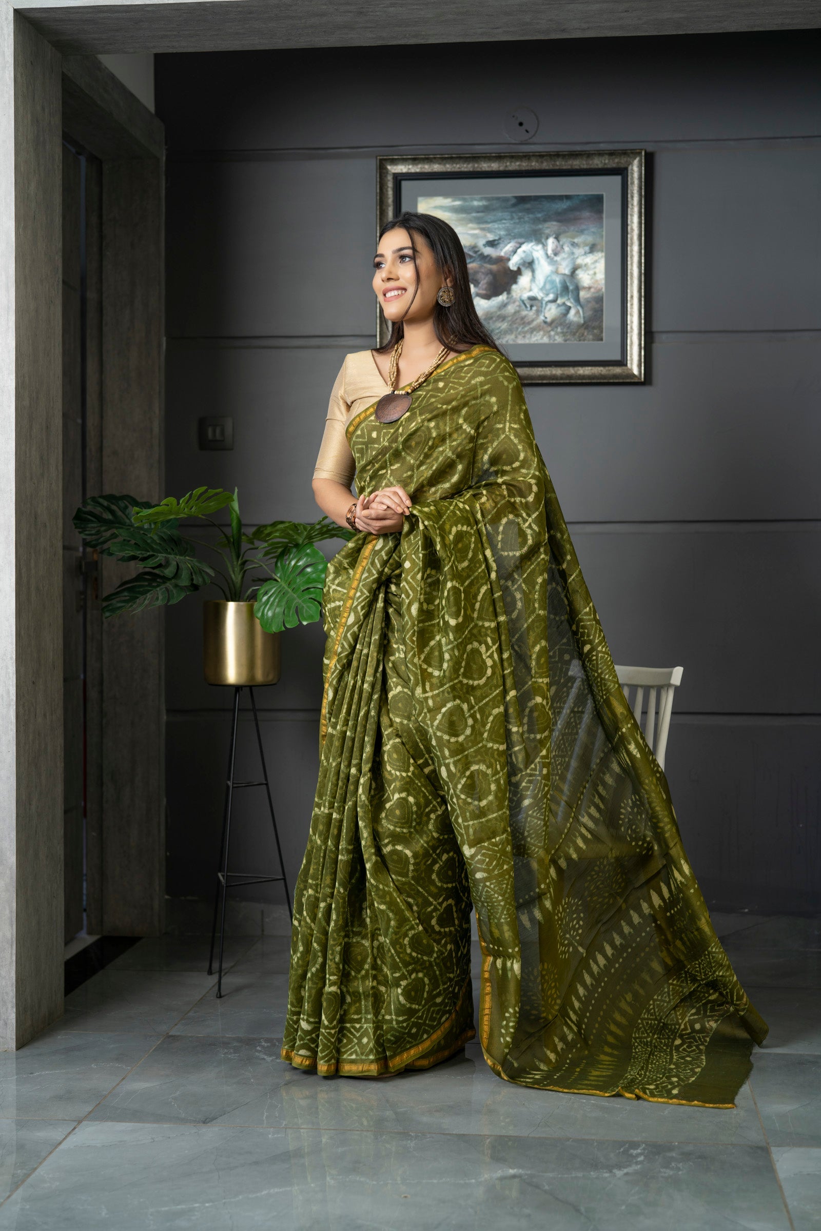 Linen Saree green Color, printed saree