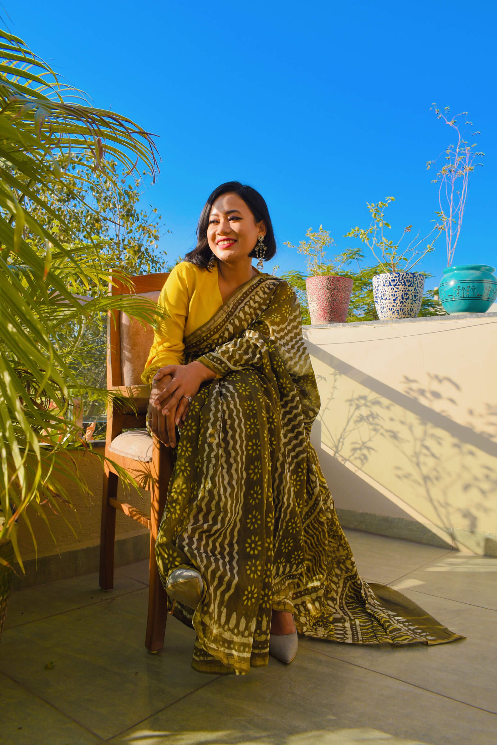 Pure linen saree in henna Color with yellow Blouse