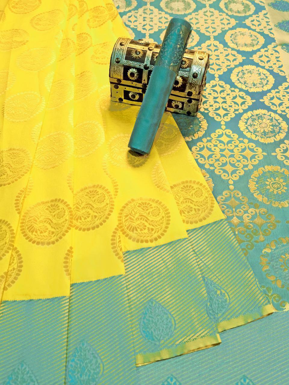 Amazing Lemon Yellow Colored Printed Saree For Women