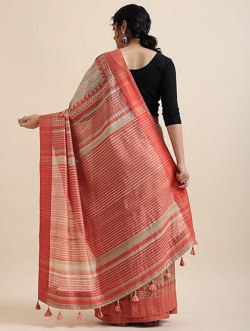 Beautiful Festive Wear Red And Cream Colored Printed Pure Linen Saree - Ibis Fab