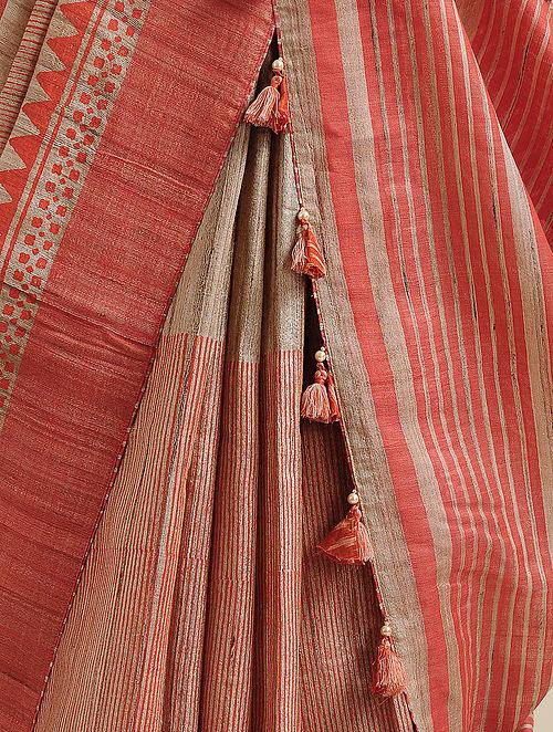 Beautiful Festive Wear Red And Cream Colored Printed Pure Linen Saree - Ibis Fab