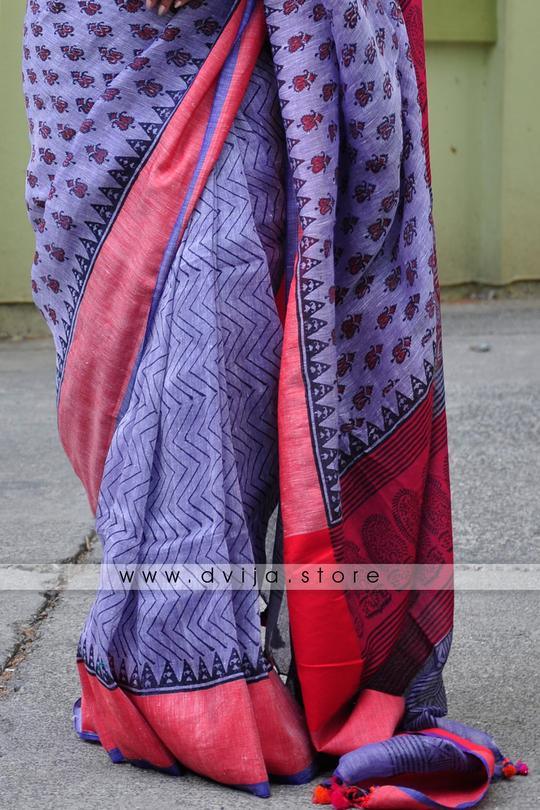 Beautiful Purple And Pink Colored Festive Wear Printed Pure Linen Saree - Ibis Fab