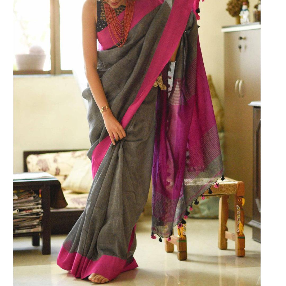 Dazzling Grey Colored Festive Wear Pure Linen Designer Saree - Ibis Fab