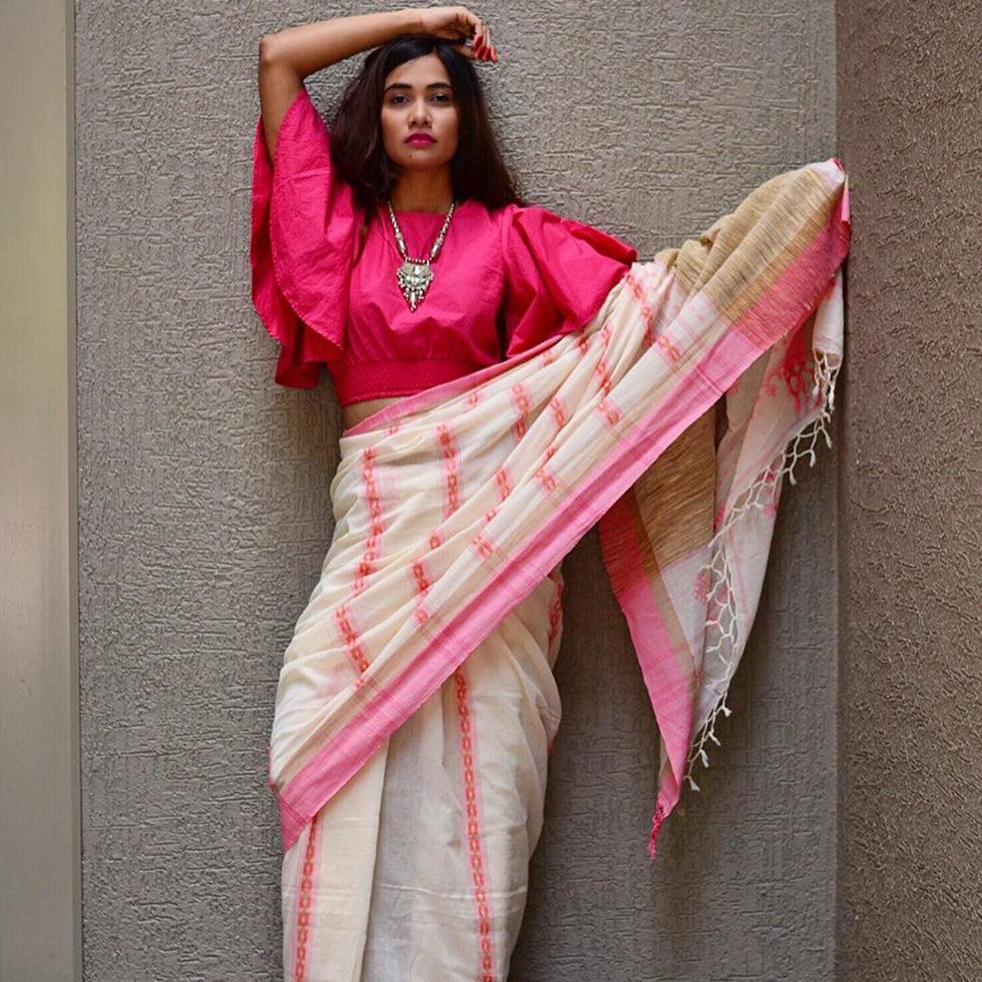 Different Festive Wear White And Pink Colored Printed Pure Linen Saree - Ibis Fab