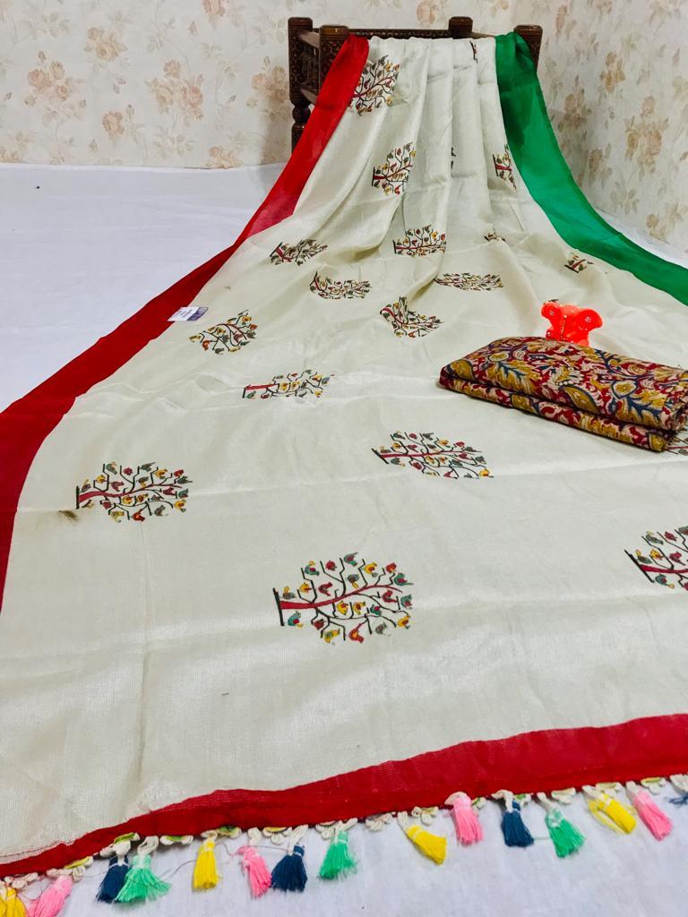 Elegant Pure Linen Off White Colored Casual Printed Saree - Ibis Fab