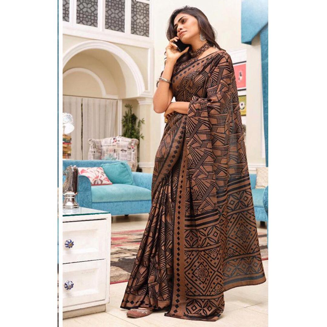 Engrossing Coffee Colour Printed Pure Linen Saree For Women - Ibis Fab