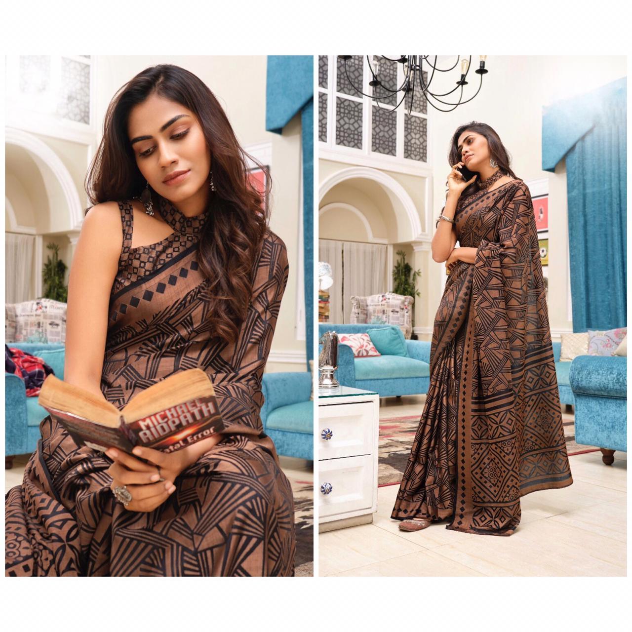 Engrossing Coffee Colour Printed Pure Linen Saree For Women - Ibis Fab