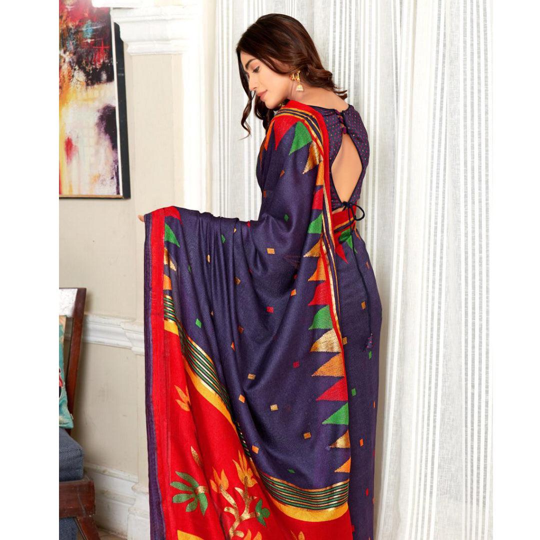 Engrossing Night blue Colour Printed Pure Linen Saree For Women - Ibis Fab