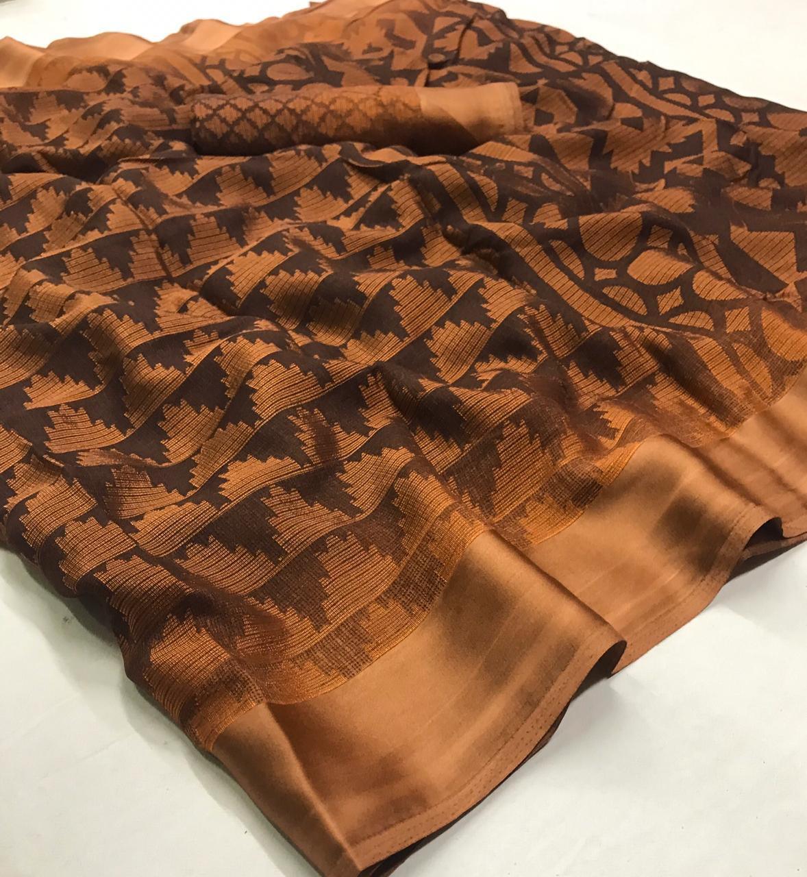 Exceptional Copper Colored Partywear Printed Pure Linen saree - Ibis Fab