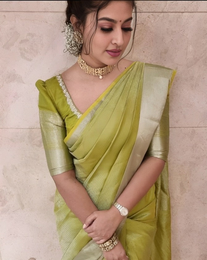 Majesty Parrot Green Colored Printed Saree For Women