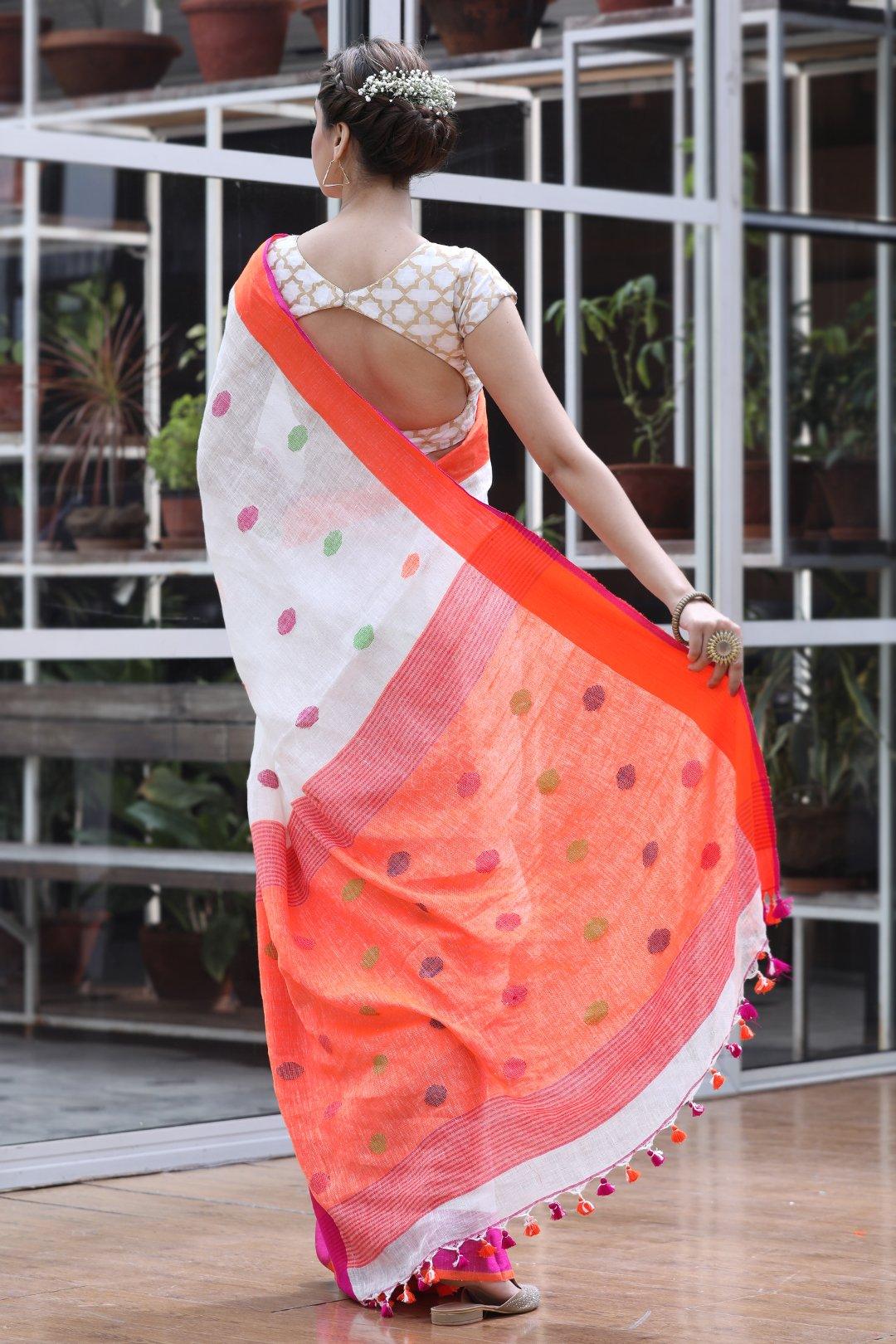 Flaunt White And Pink Colored Festive Wear Printed Pure Linen Saree - Ibis Fab