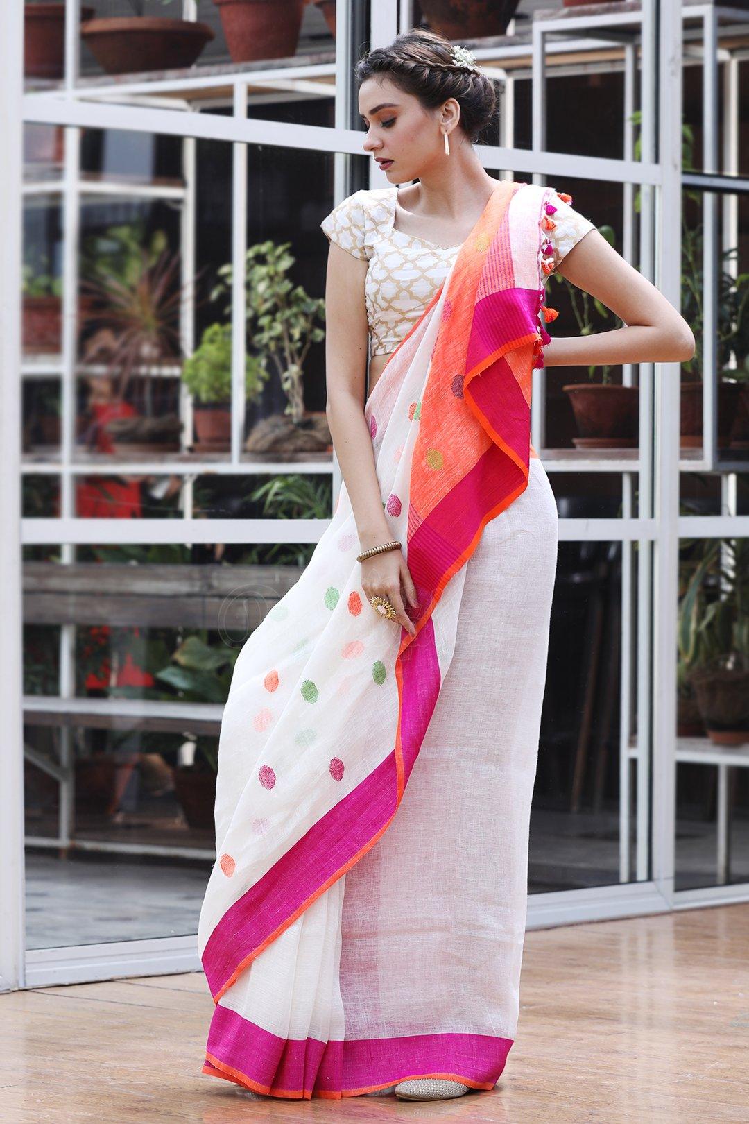 Flaunt White And Pink Colored Festive Wear Printed Pure Linen Saree - Ibis Fab