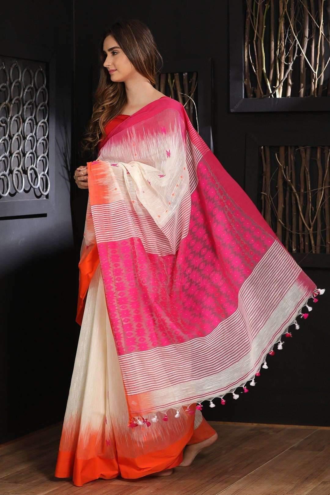 Flaunt White Colored Festive Wear Printed Pure Linen Saree - Ibis Fab