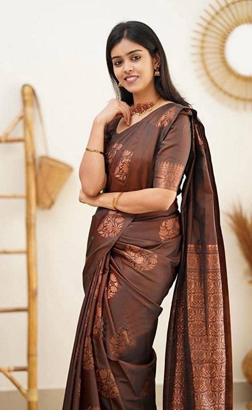 Jacquard Silk Sarees Brown Colour, Casual Wear