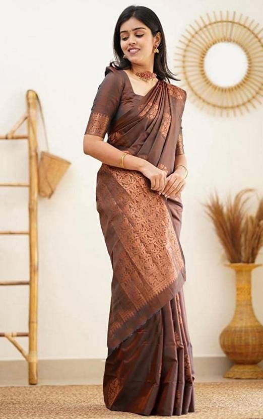 Silk Pecan Brown Pleated Ruffle Saree – Heritage India Fashions