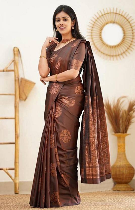 Jacquard Silk Sarees Brown Colour, Casual Wear