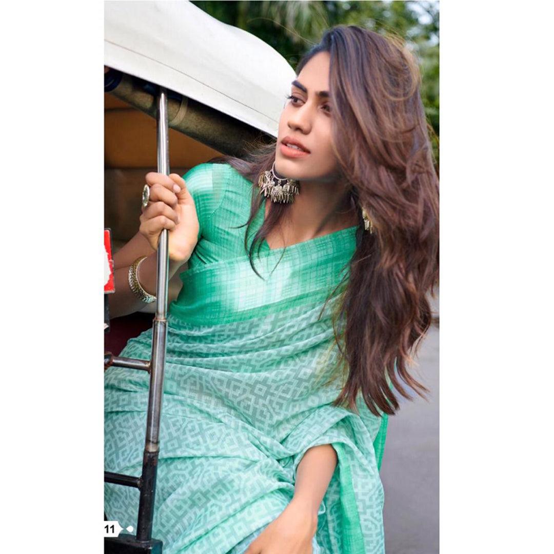 Ideal Mint Colour Printed Pure Linen Saree For Women - Ibis Fab