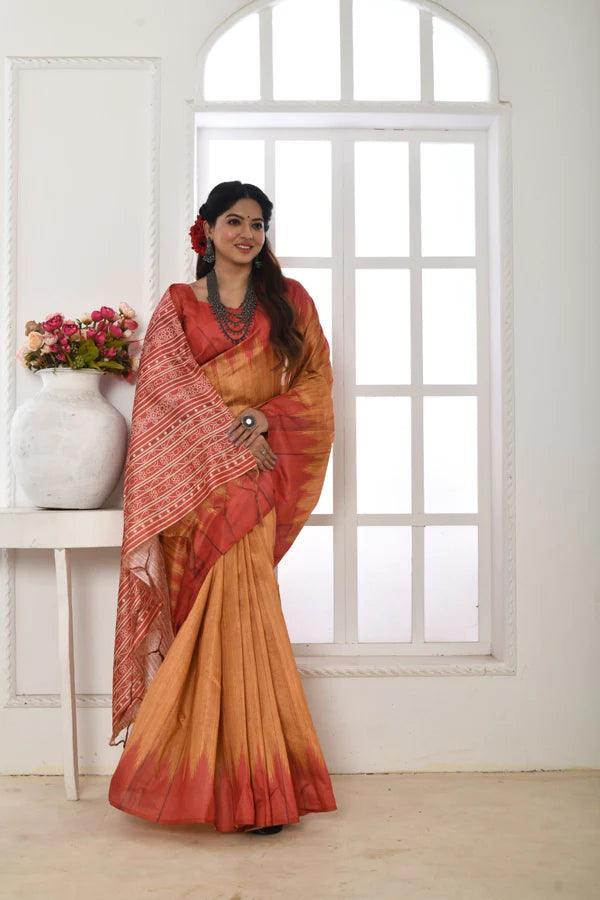 Linen saree in yellow, dazzling party wear - Ibis Fab