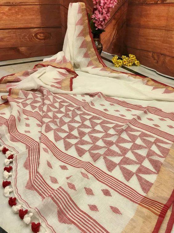 Opulent Off White Colored Festive Wear Printed Pure Linen Saree - Ibis Fab