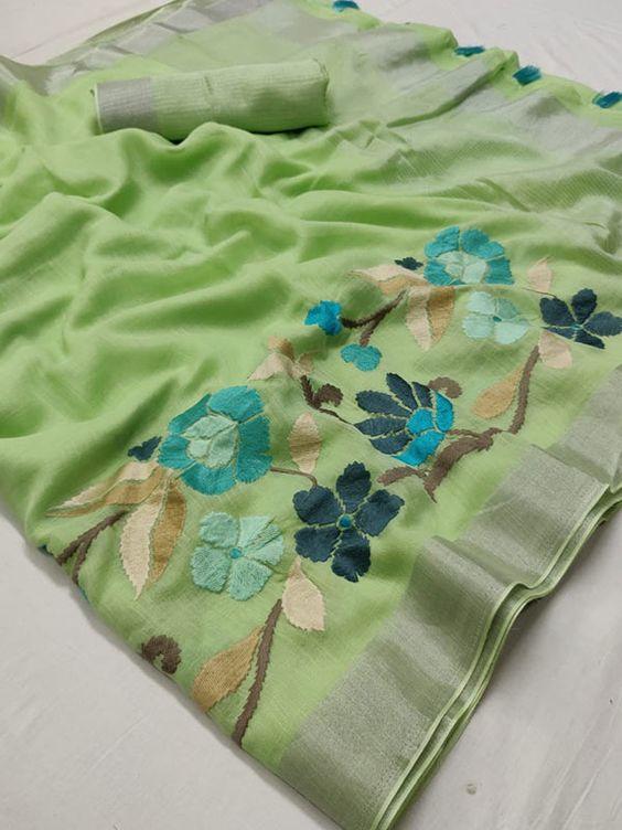 Parrot Mint colour pure linen saree, festive wear - Ibis Fab