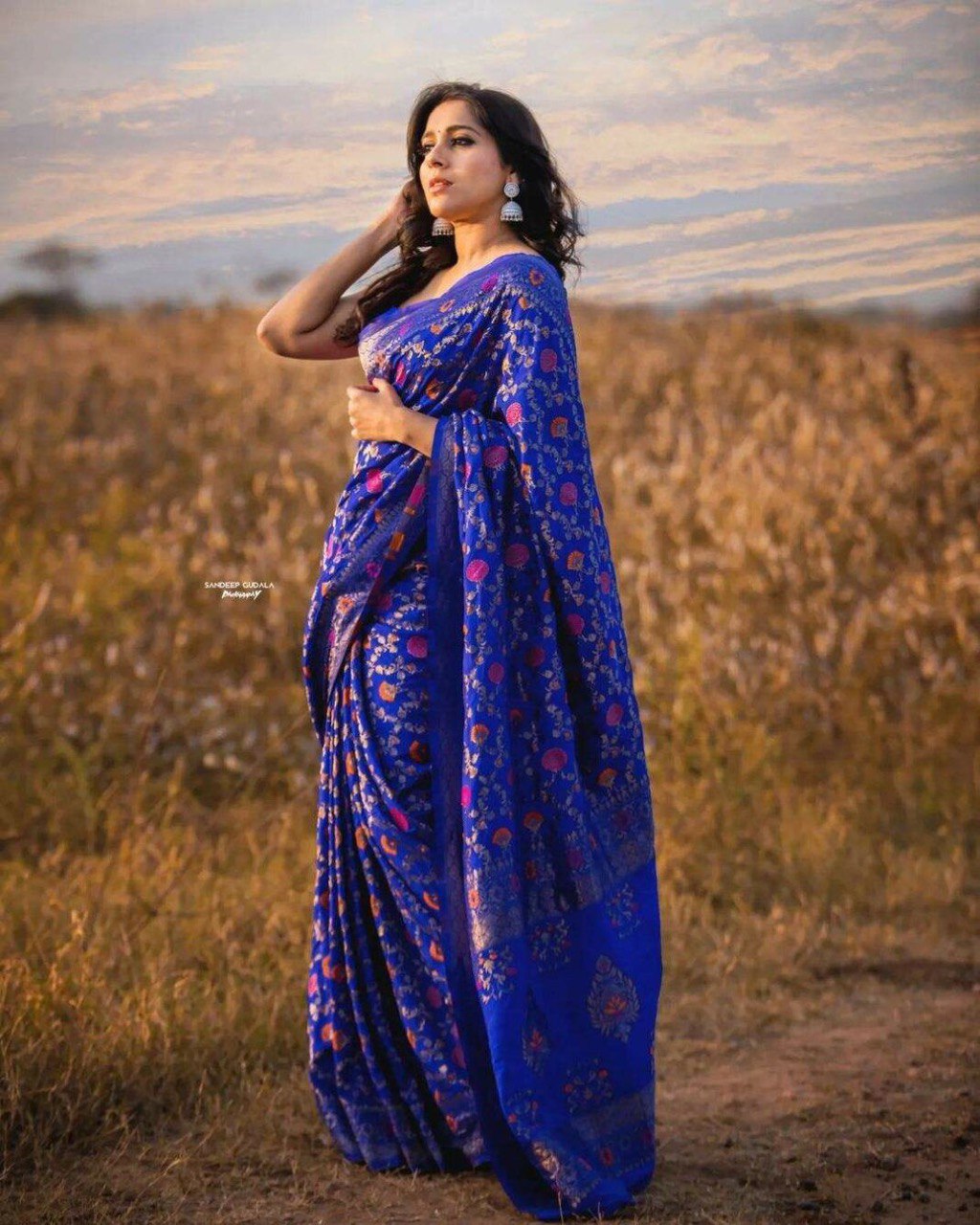 Forest Royal Blue Colored Printed Saree For Women