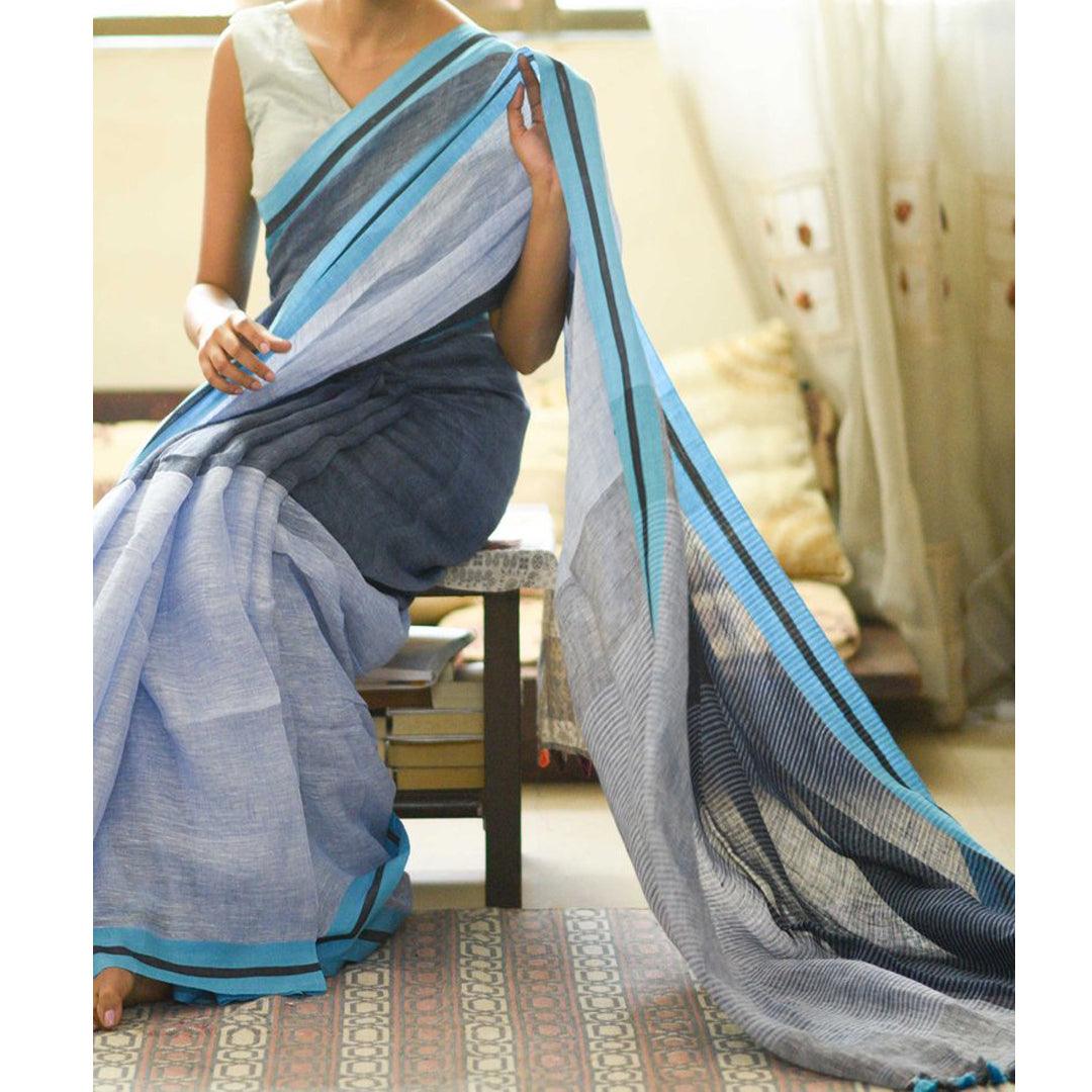 Preferable Light Blue And Grey Colored Festive Wear Pure Linen Designer Saree - Ibis Fab