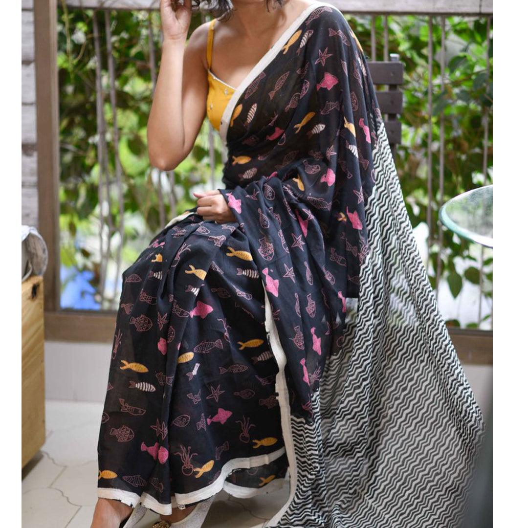 Pretty Black Colored Festive Wear Pure Linen Designer Saree - Ibis Fab