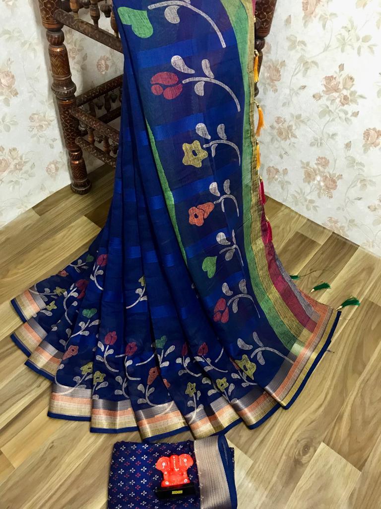 Pretty Pure Linen Night Blue Colored Casual Printed Saree - Ibis Fab