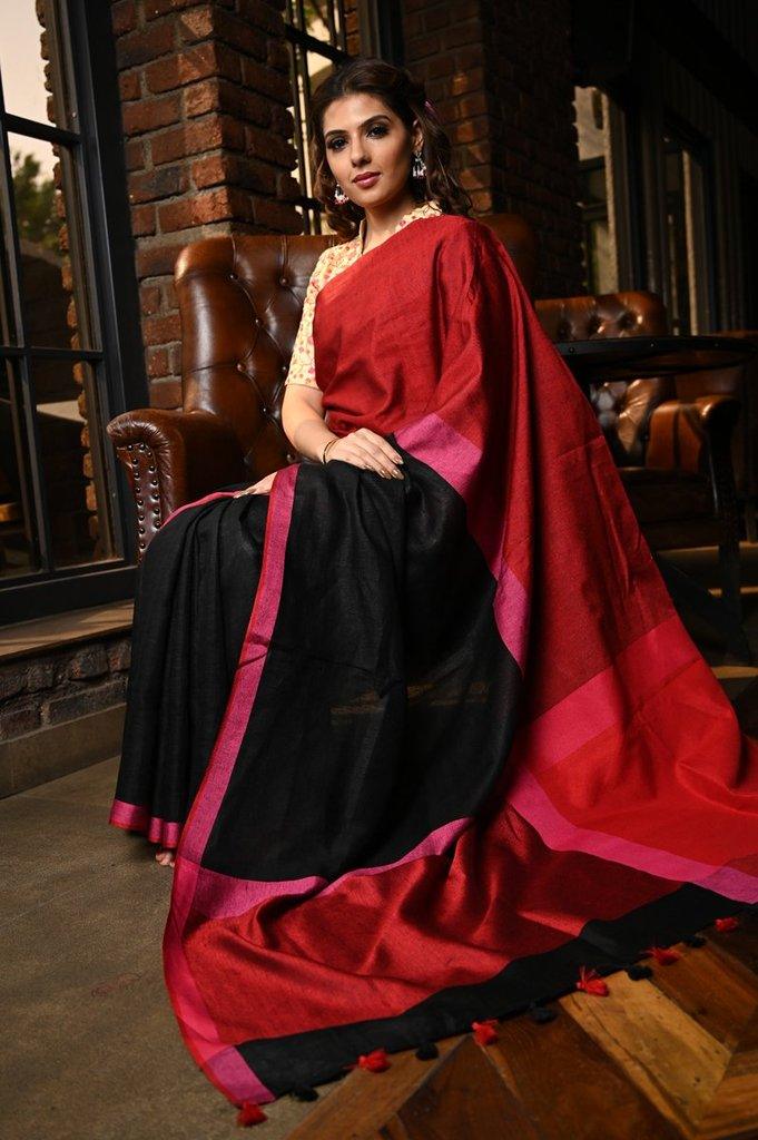 Sizzling Women's Red And Black Colour Pure Linen Saree With Blouse Piece - Ibis Fab