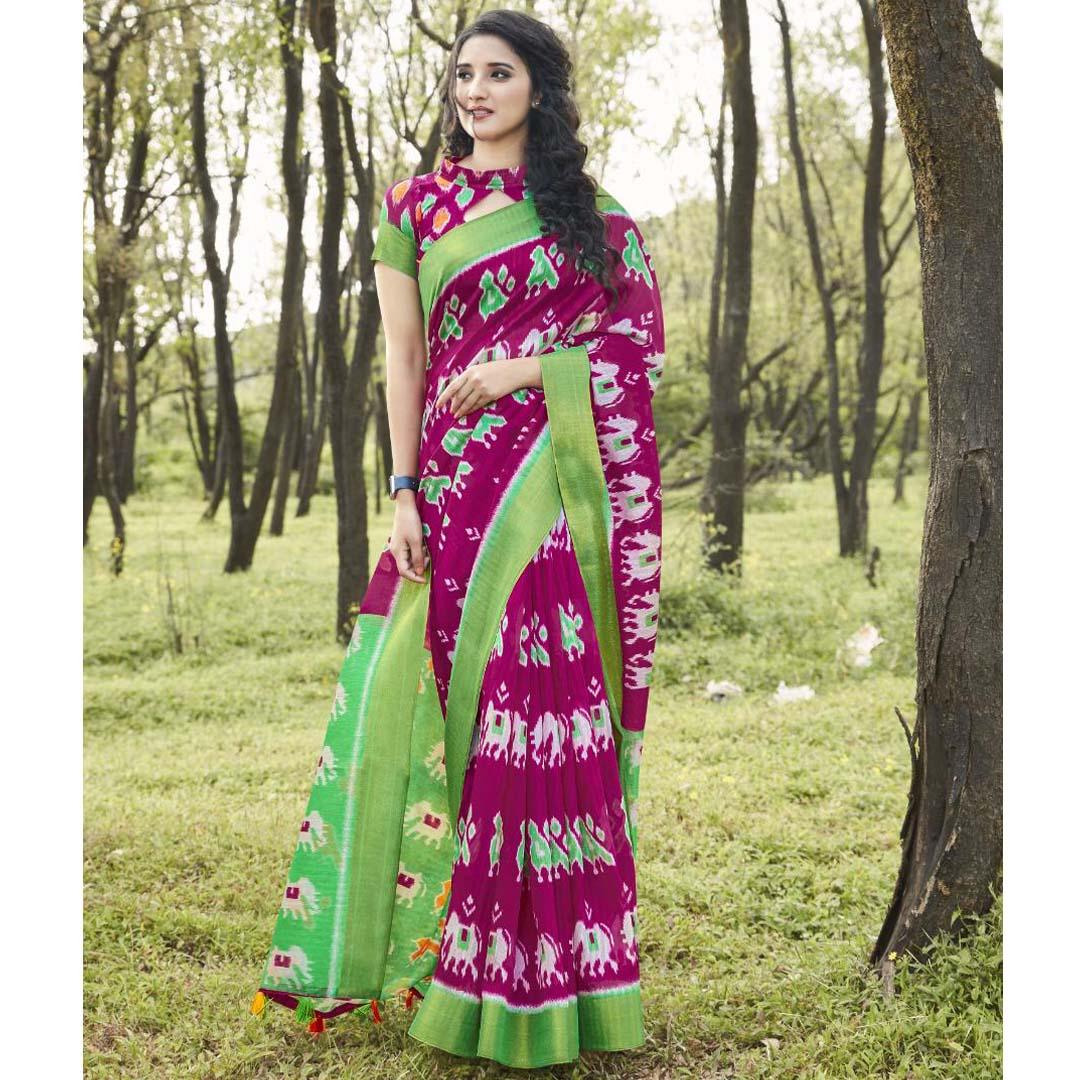 Sophisticated Green And Magenta Colored Party Wear Pure linen Printed Saree - Ibis Fab