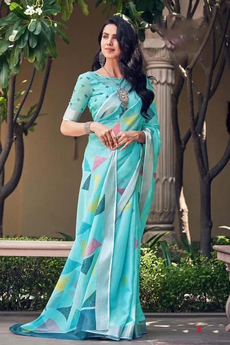 Stylish Light Blue Colored Festive Wear Pure Linen Designer Saree - Ibis Fab