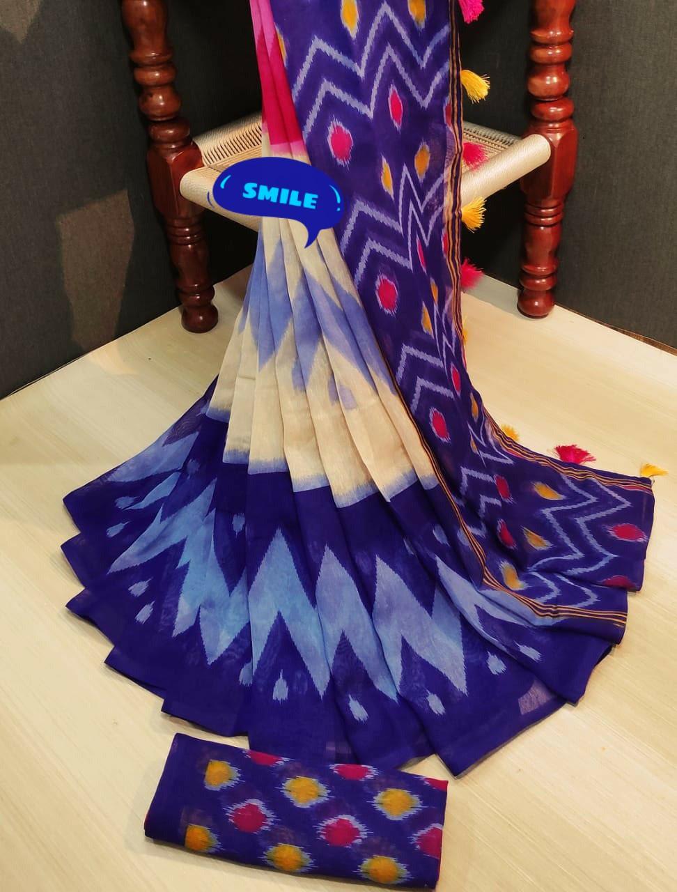 Trendy Pure Linen Cream And Blue Colored Casual Printed Saree - Ibis Fab