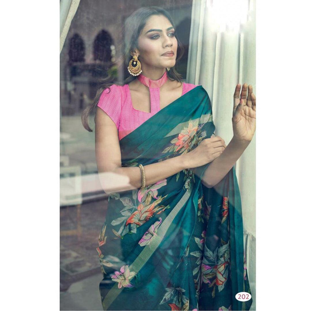 Wonderful Night Blue And Pink Colour Printed Pure Linen Saree For Women - Ibis Fab