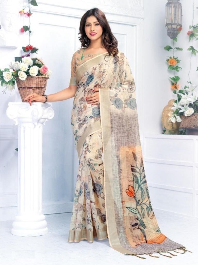 Pure Linen Ethnic Cream Saree, Printed Festive Wear