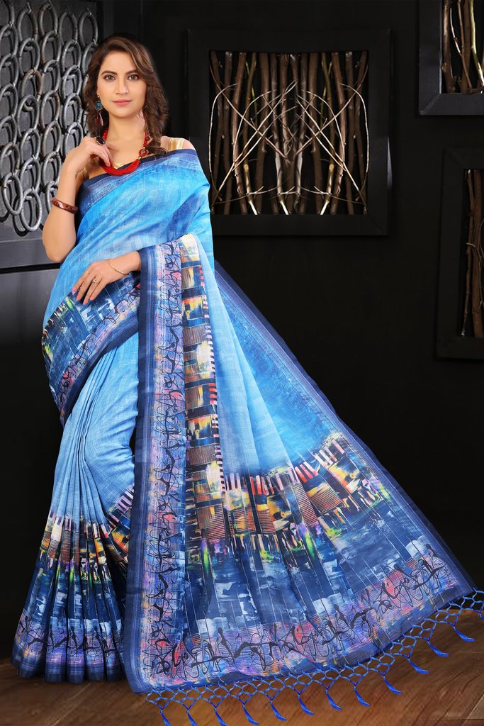 Pure Linen Artistic Blue Saree, Printed Designer Wear