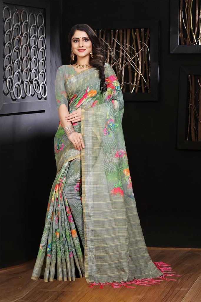 Linen Light Green Flowers Saree, Printed Designer Wear