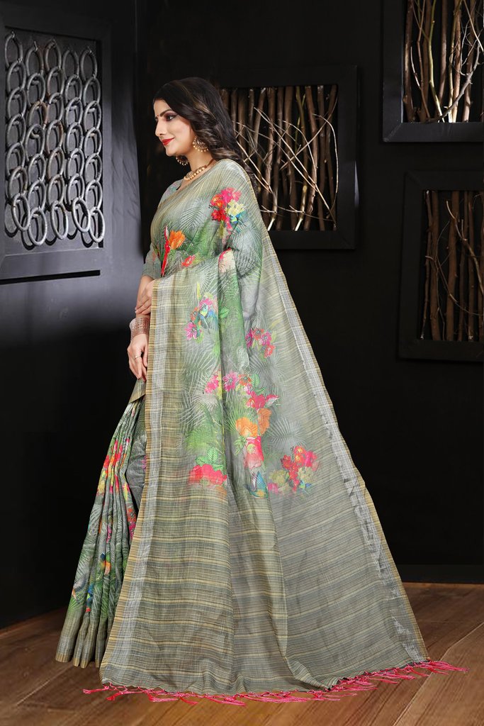 Linen Light Green Flowers Saree, Printed Designer Wear